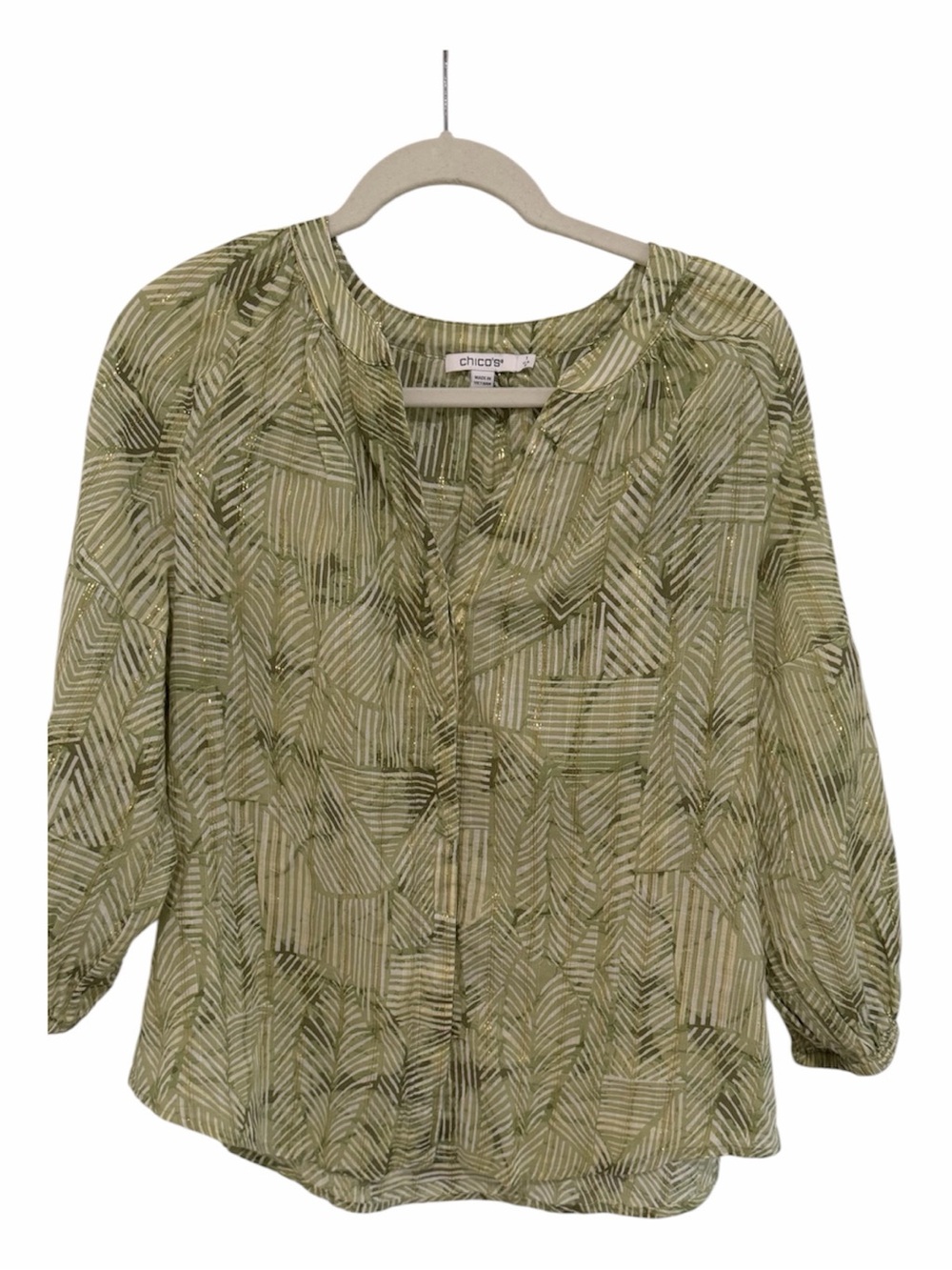 Chico's Olive Green Button-Front Blouse Gold Sparkle Size 0 Cotton Summer